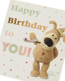 Gold foil lettering birthday greeting card featuring Boofle design from UK Greetings, with festive and colorful illustrations.