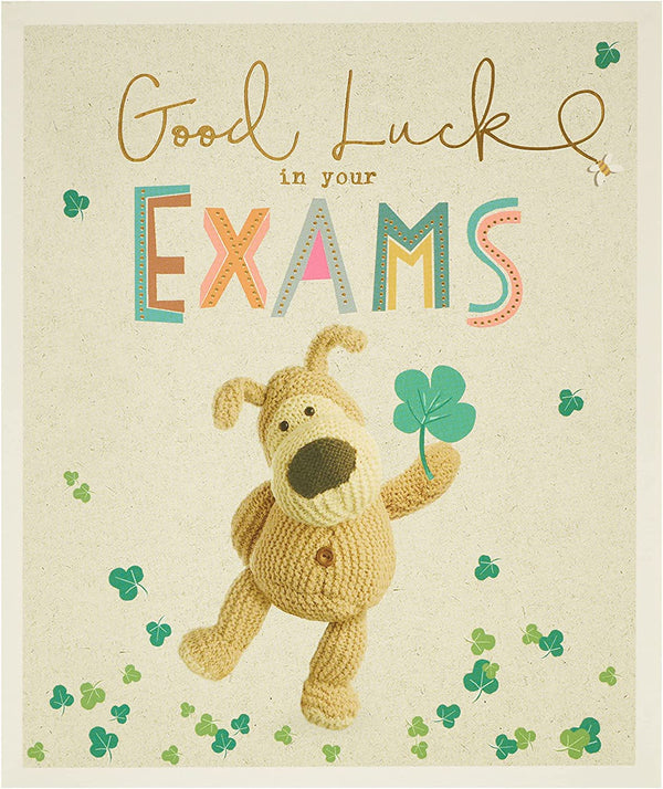 Gold Boofle Good Luck Exams greeting card from UK Greetings, featuring cheerful illustrations for exam success.
