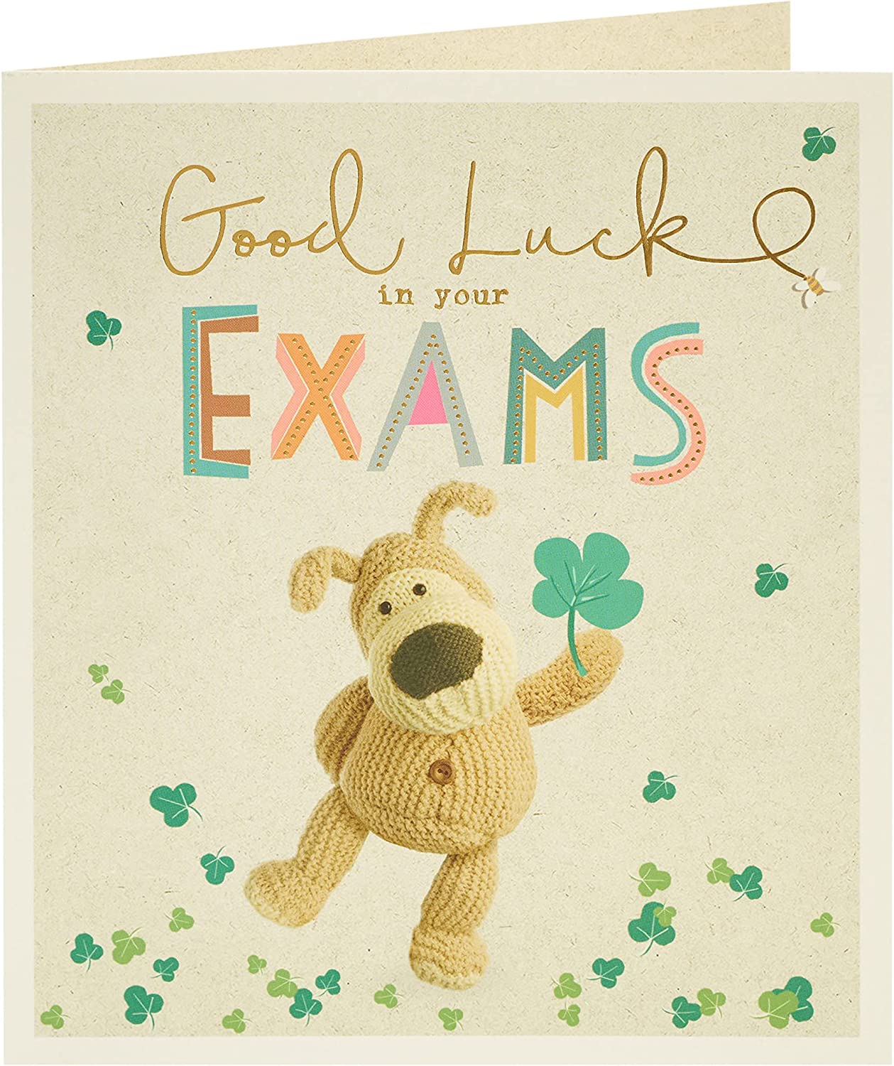 Gold Good Luck Exams greeting card featuring Boofle from UK Greetings with cheerful design for students taking exams.