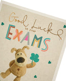 Gold Boofle Good Luck Exams greeting card from UK Greetings, featuring colorful illustrations and a cheerful design.