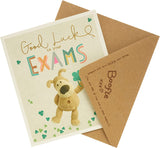 UK Greetings Boofle Gold Good Luck Exams greeting card featuring a cute Boofle character with gold accents and encouraging message.