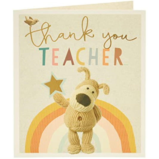 Gold thank you hug greeting card featuring Boofle, a cute animal character, by UK Greetings, with floral and heart details.
