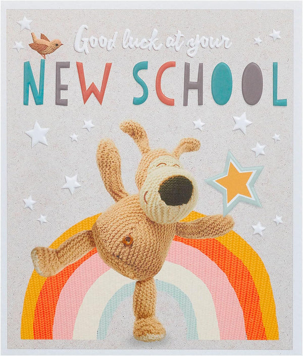 UK Greetings Boofle Good Luck at Your New School greeting card with colorful illustration of Boofle for school success.