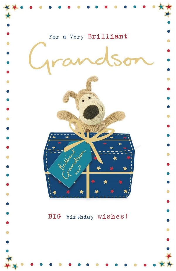 Boofle grandson birthday greeting card with present design from UK Greetings, featuring colorful cartoon character and festive elements.