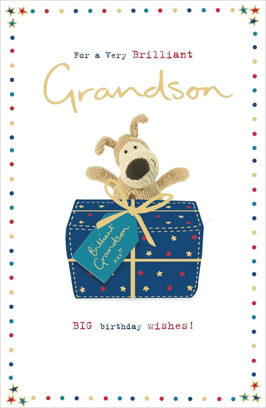 Boofle grandson birthday greeting card with present design from UK Greetings, featuring colorful cartoon character and festive elements.