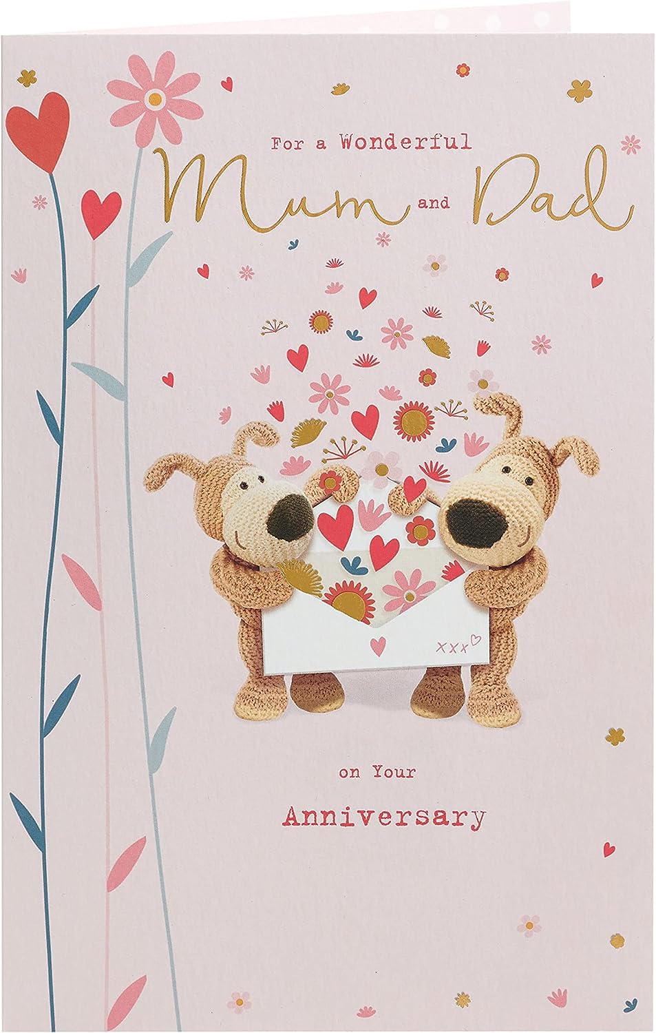Boofle Mum & Dad anniversary greeting card by UK Greetings featuring cute cartoon characters and floral design.