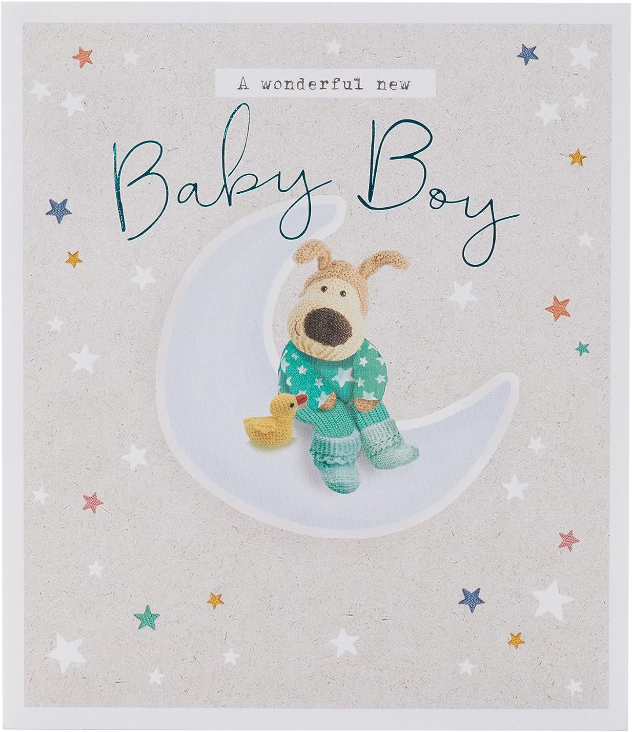 Cute Boofle New Baby Boy greeting card with adorable design from UK Greetings, featuring a charming illustration for celebrating a new arrival.
