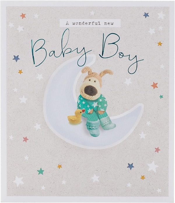 Cute Boofle New Baby Boy greeting card with adorable design from UK Greetings, featuring a charming illustration for celebrating a new arrival.