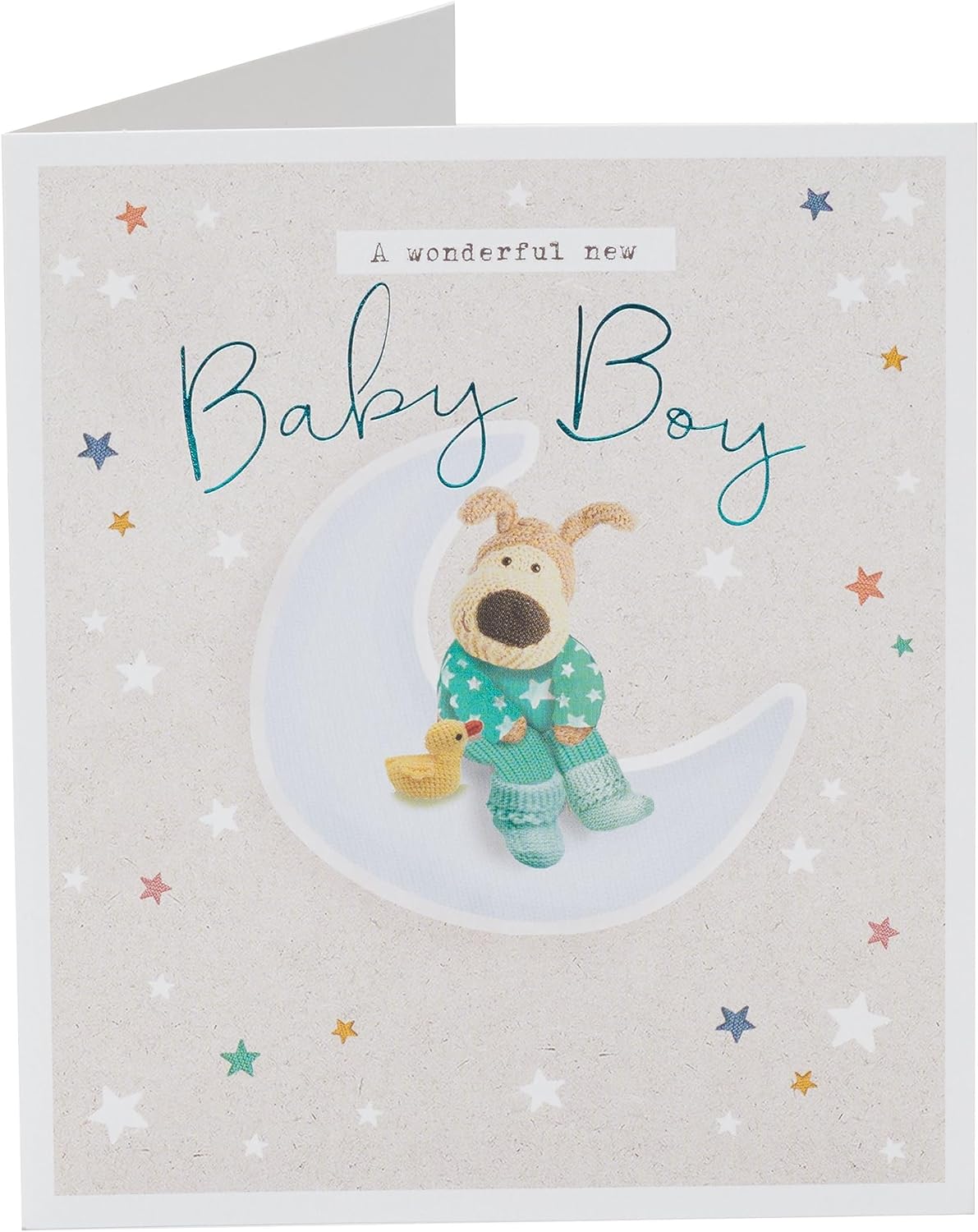 Cute Boofle new baby boy greeting card with adorable design from UK Greetings, perfect for celebrating a baby's arrival.