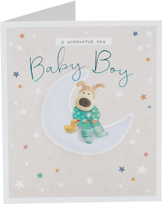 Cute Boofle new baby boy greeting card with adorable design from UK Greetings, perfect for celebrating a baby's arrival.
