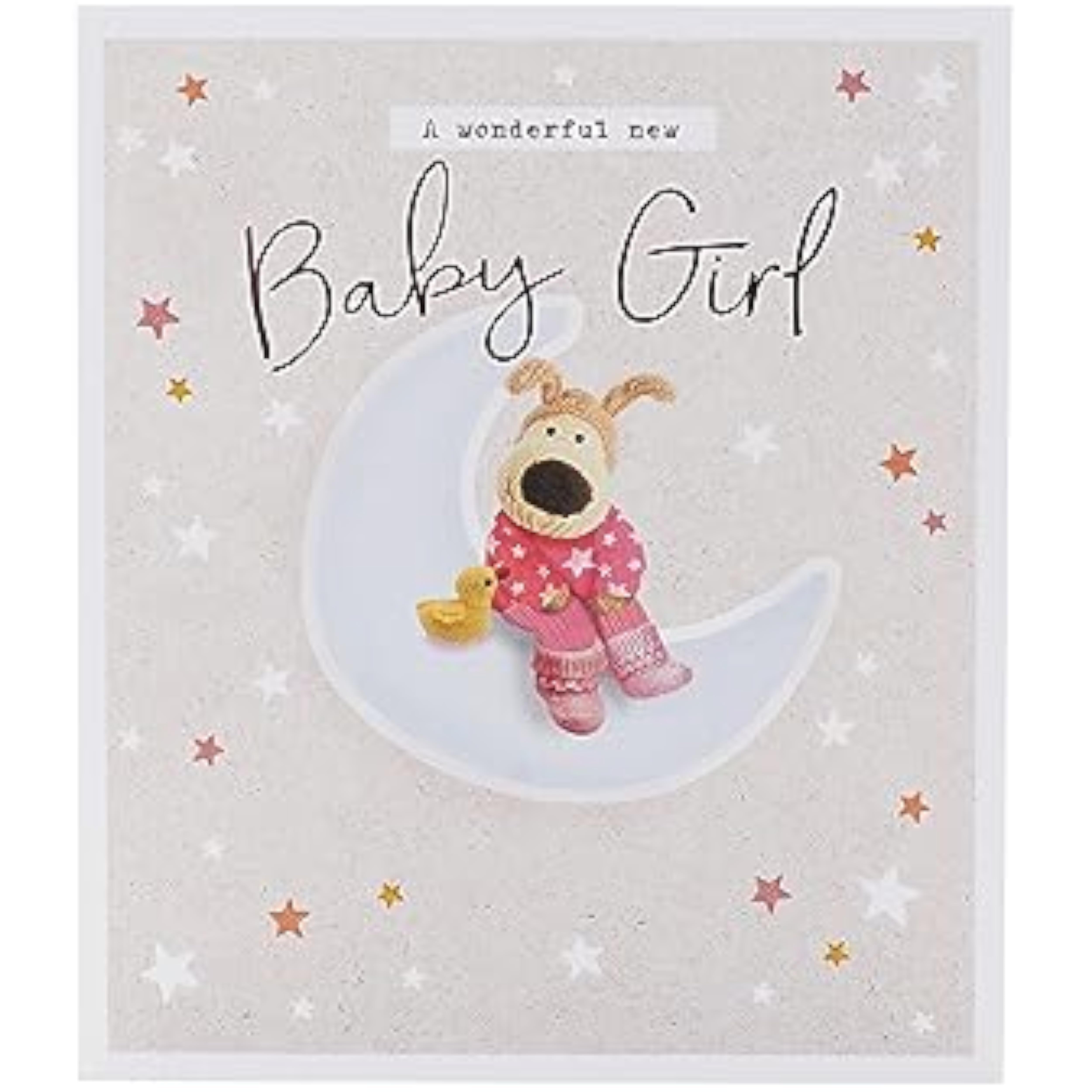 Cute Boofle New Baby Girl greeting card featuring a colorful, adorable design from UK Greetings, perfect for celebrating a new arrival.