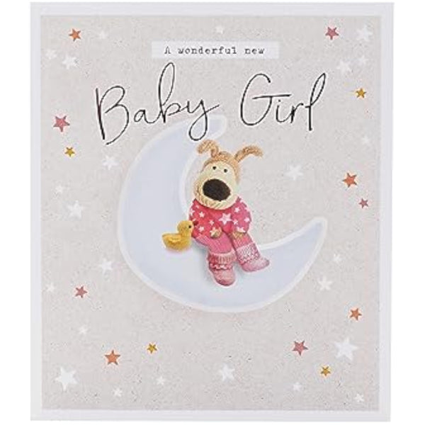 Cute Boofle New Baby Girl greeting card featuring a colorful, adorable design from UK Greetings, perfect for celebrating a new arrival.
