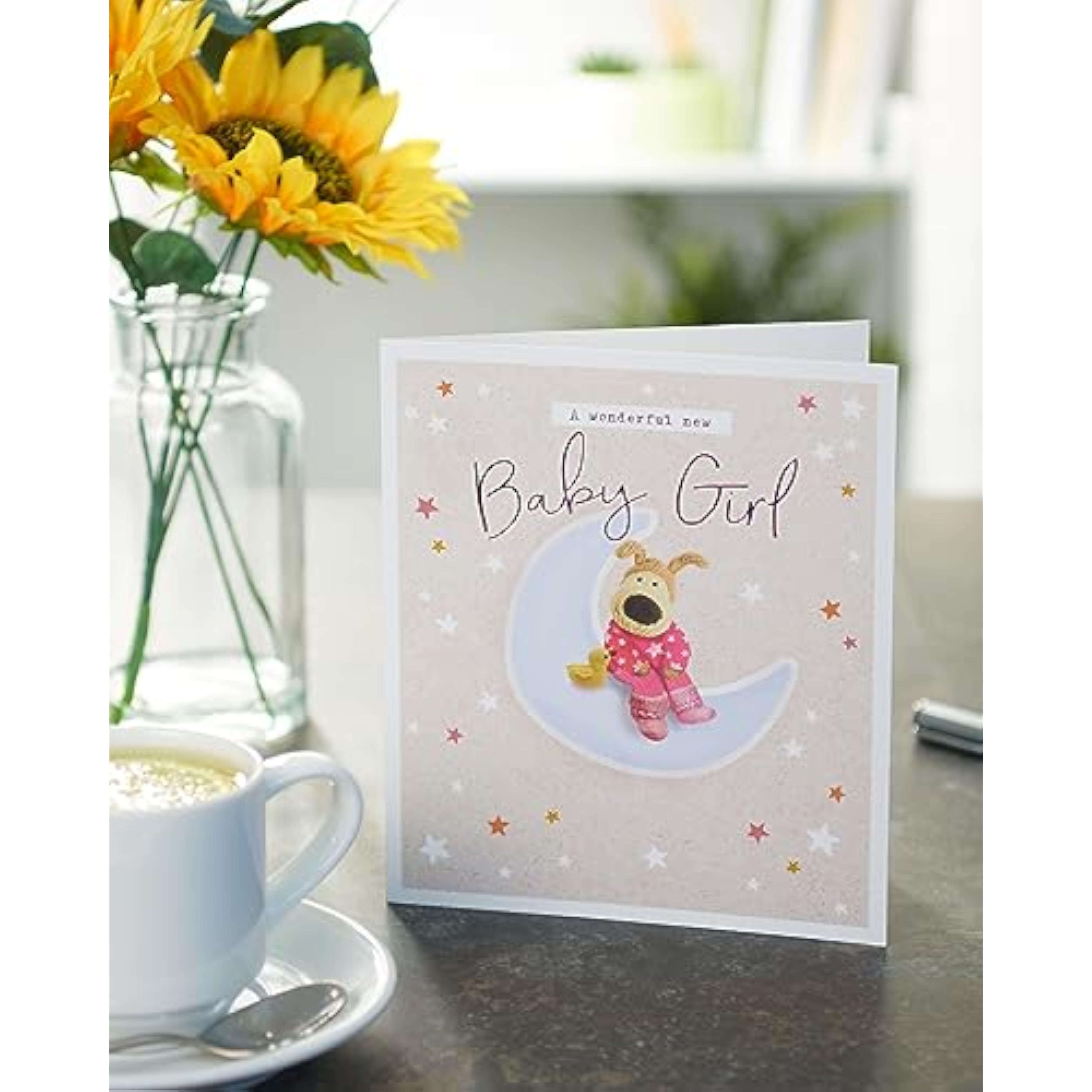 Cute Boofle new baby girl greeting card with adorable design, perfect for celebrating a special arrival.