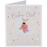 Cute Boofle New Baby Girl greeting card by UK Greetings with adorable design and cheerful message for celebrating a new arrival.