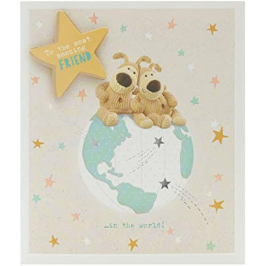 Boofle's birthday greeting card from UK Greetings featuring Boofle sitting on top of the world for a fun, cheerful message.