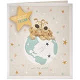 Boofle's adorable birthday greeting card featuring Boofle sitting on top of a world globe, perfect for celebrating a special friend.