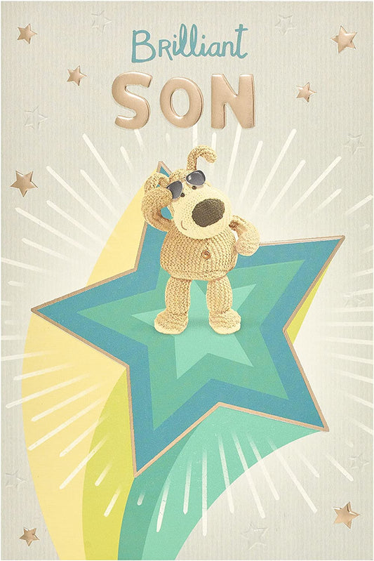 Boofle standing on a star birthday greeting card by UK Greetings featuring colorful illustrations for a son's birthday celebration.