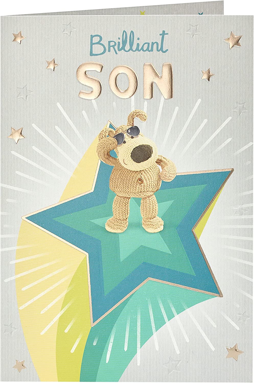 Boofle standing on a star birthday greeting card by UK Greetings, featuring colorful star designs and cheerful character illustration