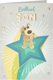 Boofle standing on a star birthday greeting card by UK Greetings, featuring colorful star designs and cheerful character illustration