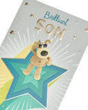 Boofle standing on a star birthday greeting card by UK Greetings, featuring colorful illustrations and cheerful design elements.