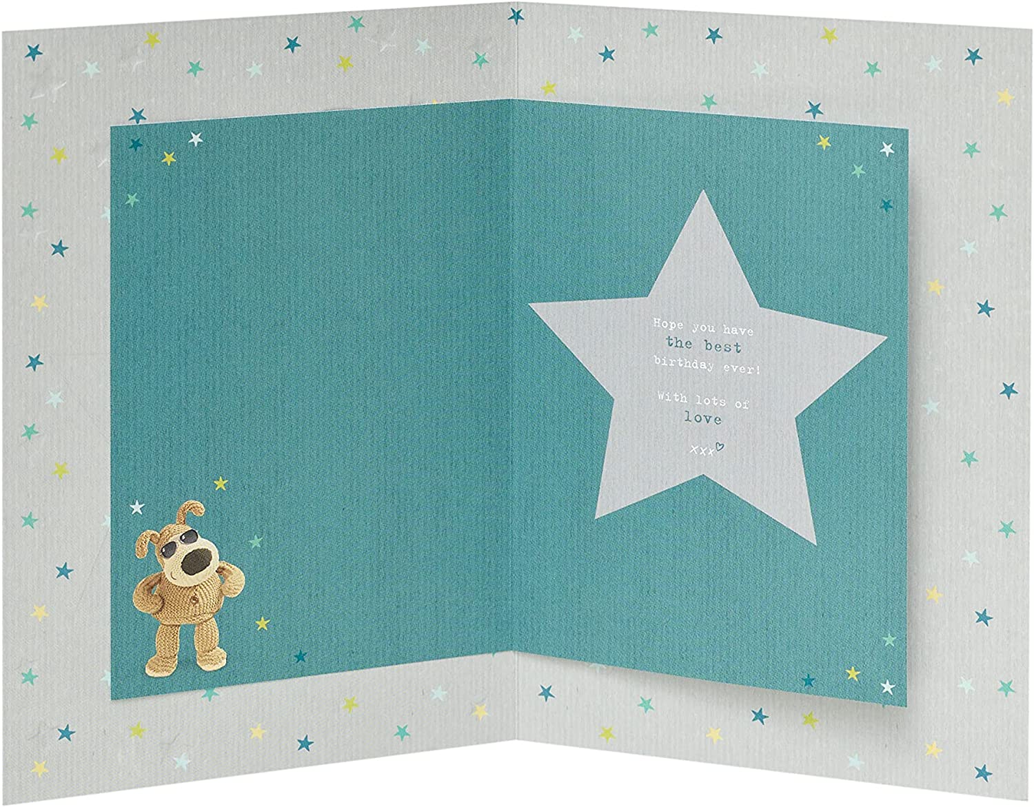 Boofle standing on a star birthday greeting card by UK Greetings, featuring colorful illustrations for a cheerful celebration.