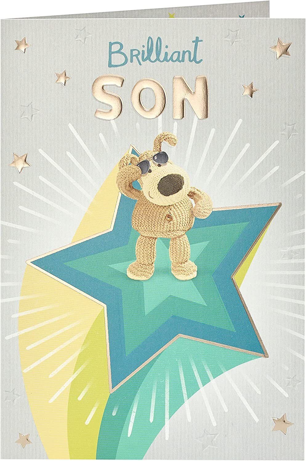 Boofle standing on a star birthday greeting card by UK Greetings, featuring colorful illustrations for a cheerful celebration.