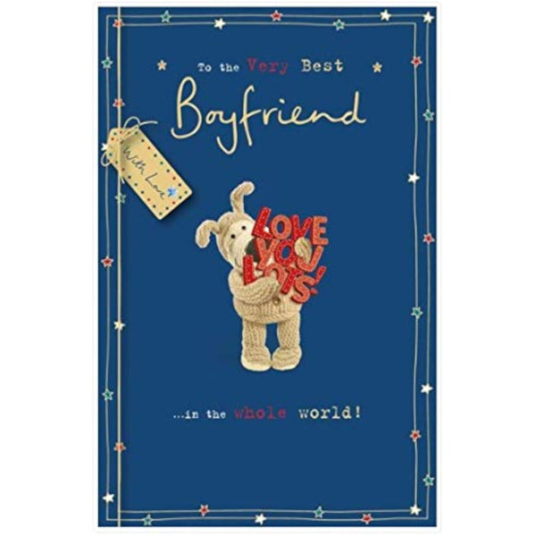 UK Greetings Boofle birthday greeting card for The Very Best Boyfriend, featuring colorful cartoon design and cheerful message.
