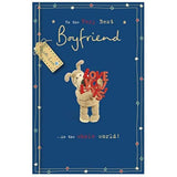 UK Greetings Boofle birthday greeting card for The Very Best Boyfriend, featuring colorful cartoon design and cheerful message.