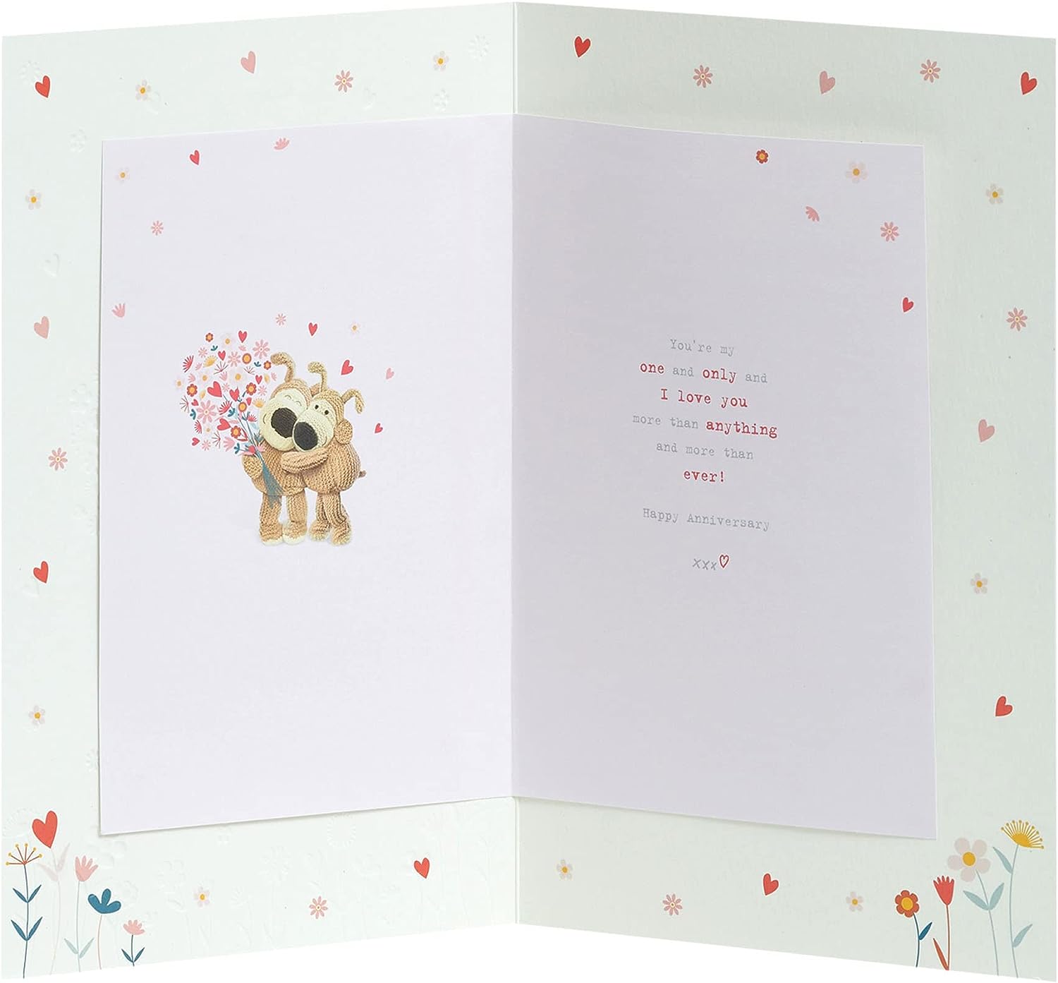 UK Greetings Boofle wife anniversary greeting card with envelope, featuring cute floral and animal illustrations for celebrating love.
