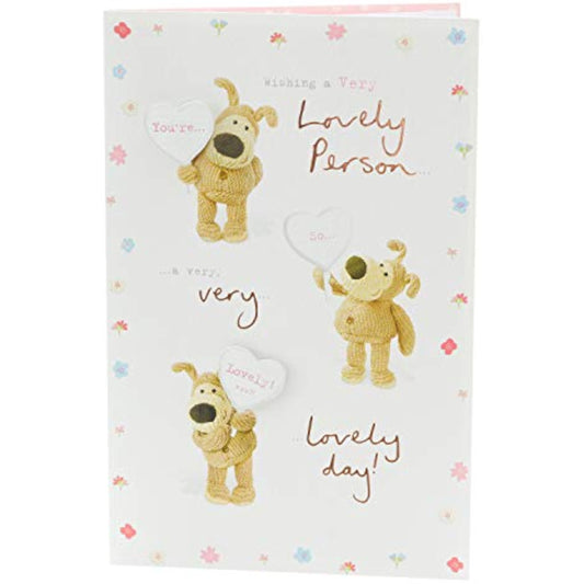 Boofle Wishing a Very Lovely Person greeting card by UK Greetings featuring a cute illustration of Boofle with heartfelt message