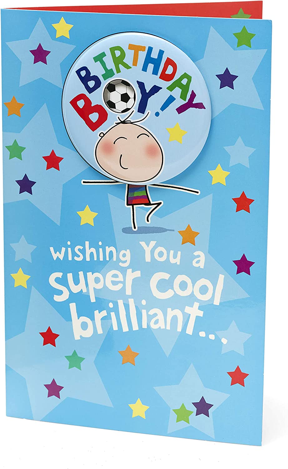 Boy's football badge birthday greeting card featuring a colorful football-themed design from UK Greetings.