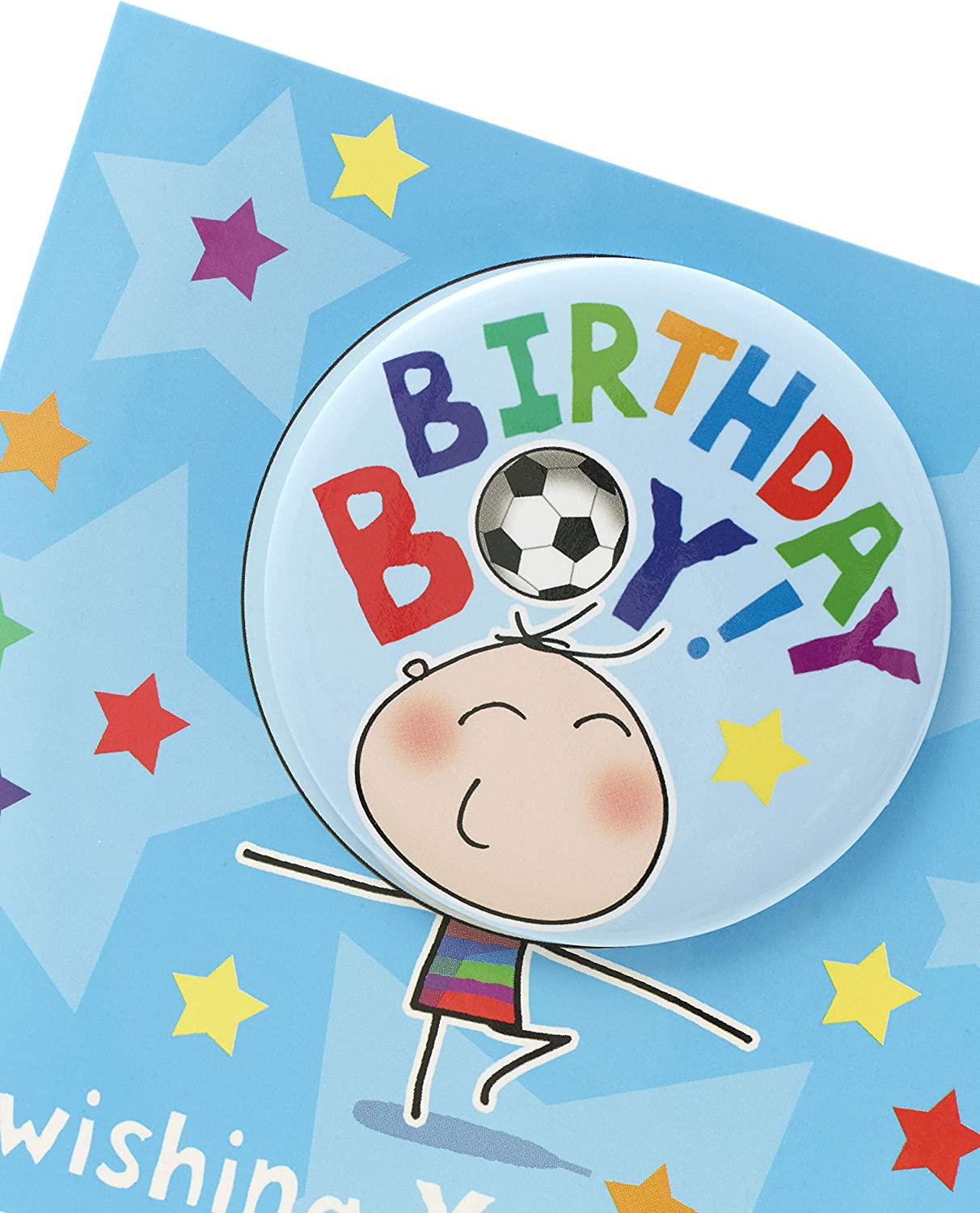 Boy's football badge birthday greeting card featuring a colorful football badge design, perfect for sports-loving kids.