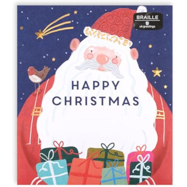 Braille Christmas greeting card with festive Santa foil design, UK Greetings, featuring tactile braille and holiday-themed artwork.