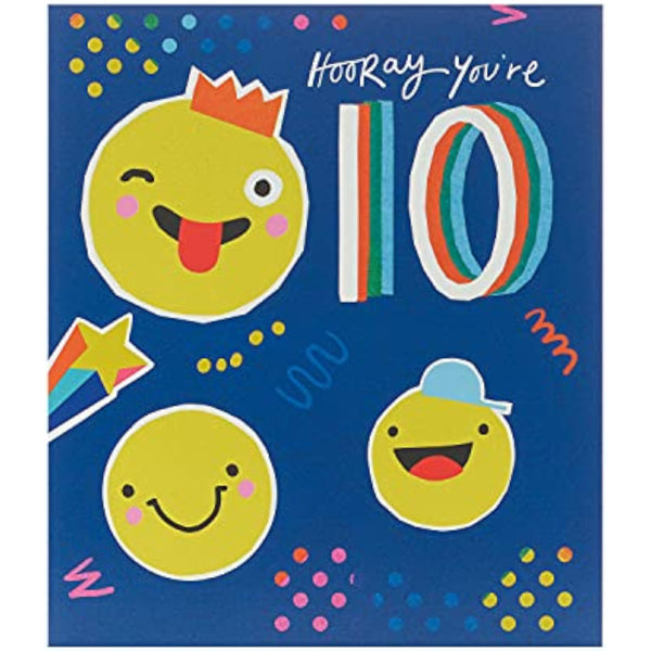 Bright fun smiley face 10th birthday greeting card by UK Greetings with colorful cheerful design and playful illustrations.