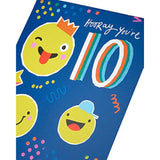 Bright Fun Smiley Faces 10th Birthday Card by UK Greetings featuring colorful smiley faces and cheerful design for kids.