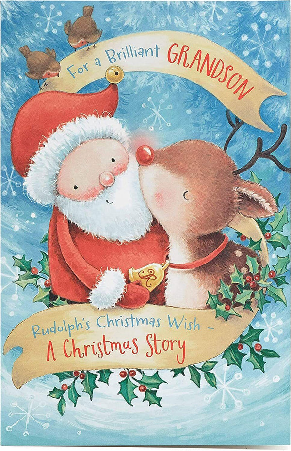 Brilliant Rudolph & Santa Christmas greeting card for grandson by UK Greetings featuring festive holiday illustrations.