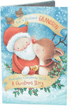 Brilliant Rudolph and Santa storybook Christmas card for grandson, featuring festive holiday illustrations and cheerful holiday message.