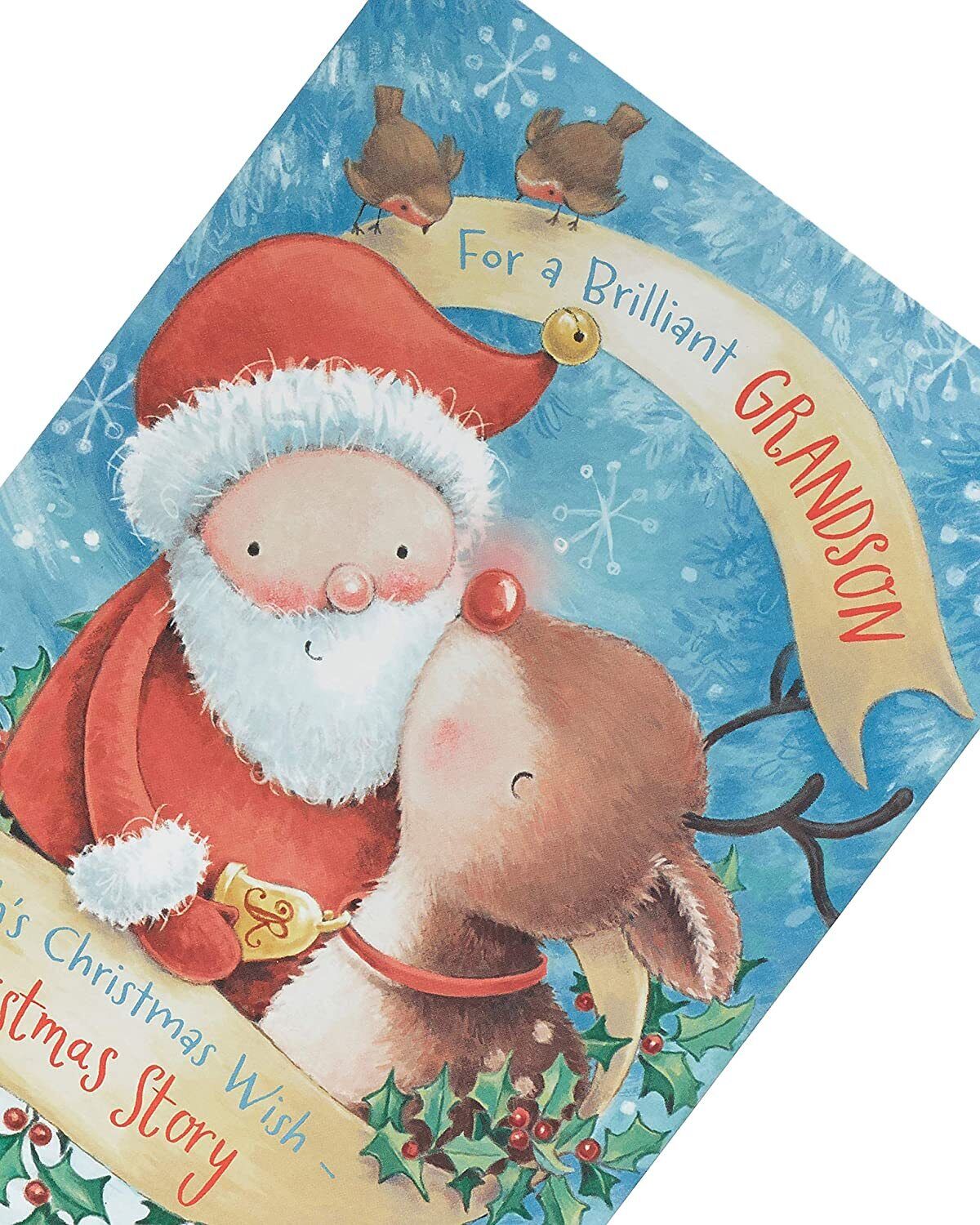 Bright Christmas greeting card featuring Rudolph and Santa illustrated for a grandson, from UK Greetings, perfect for holiday wishes.