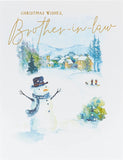 Brother-in-law snowman Christmas greeting card with gold foil accents, featuring festive winter design and cheerful holiday imagery.