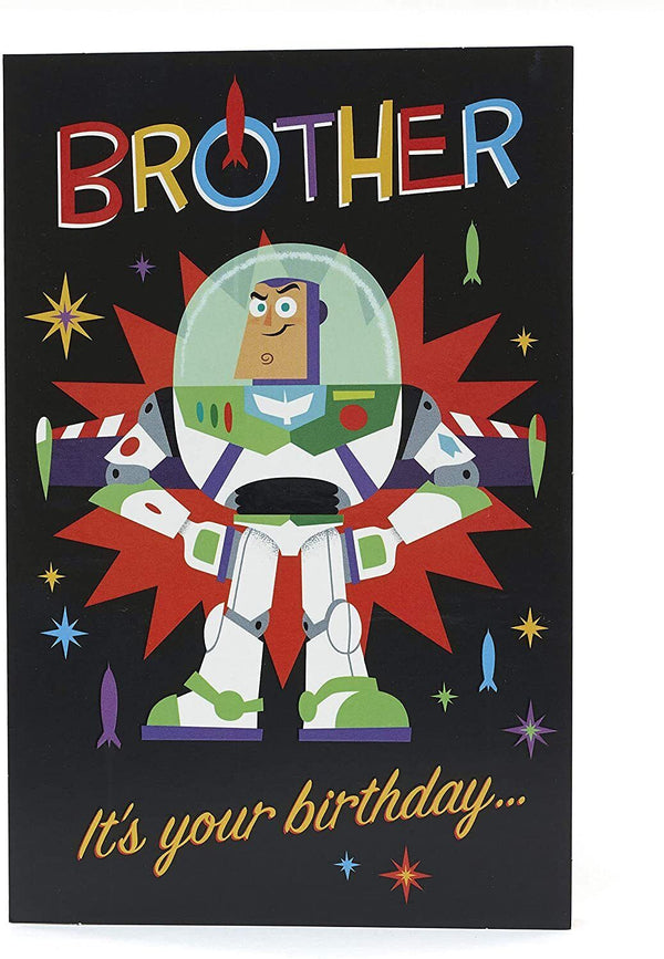 Buzz Lightyear themed greeting card from UK Greetings featuring a colorful birthday message for a brother.
