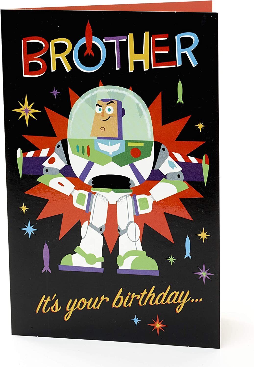 Buzz Lightyear themed greeting card for brother's birthday, featuring colorful space and character design by UK Greetings.