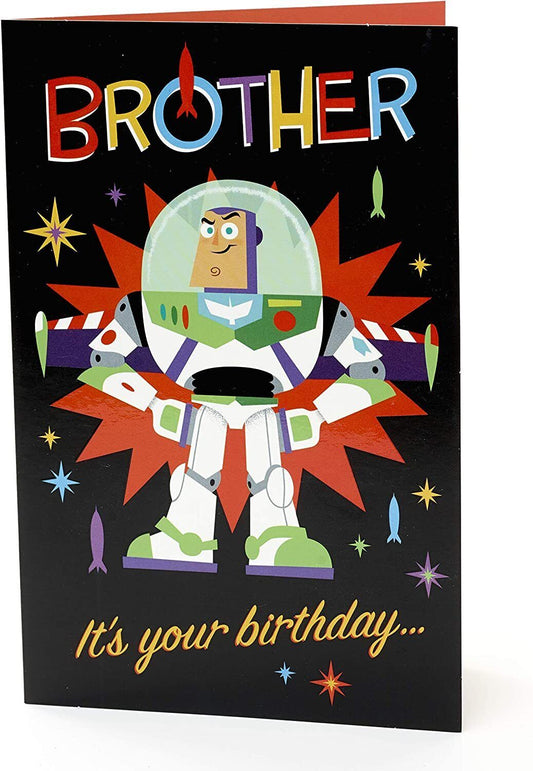 Buzz Lightyear themed greeting card for brother's birthday, featuring colorful space and character design by UK Greetings.