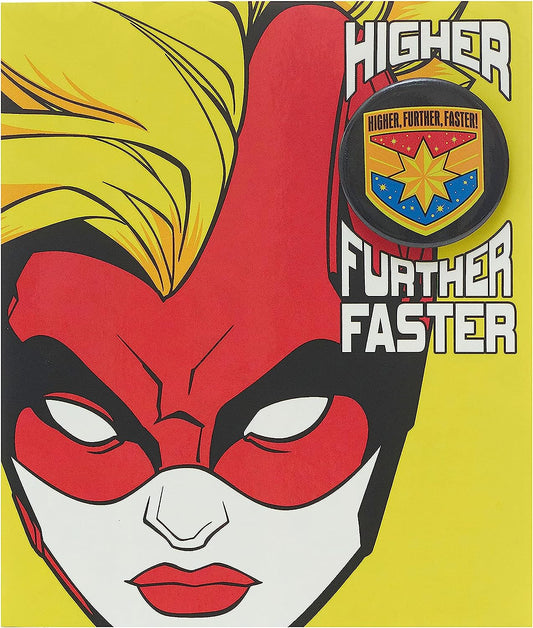 Captain Marvel birthday badge greeting card by UK Greetings featuring a colorful superhero design and festive theme.