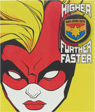 Captain Marvel birthday badge greeting card by UK Greetings featuring a colorful superhero design and festive theme.
