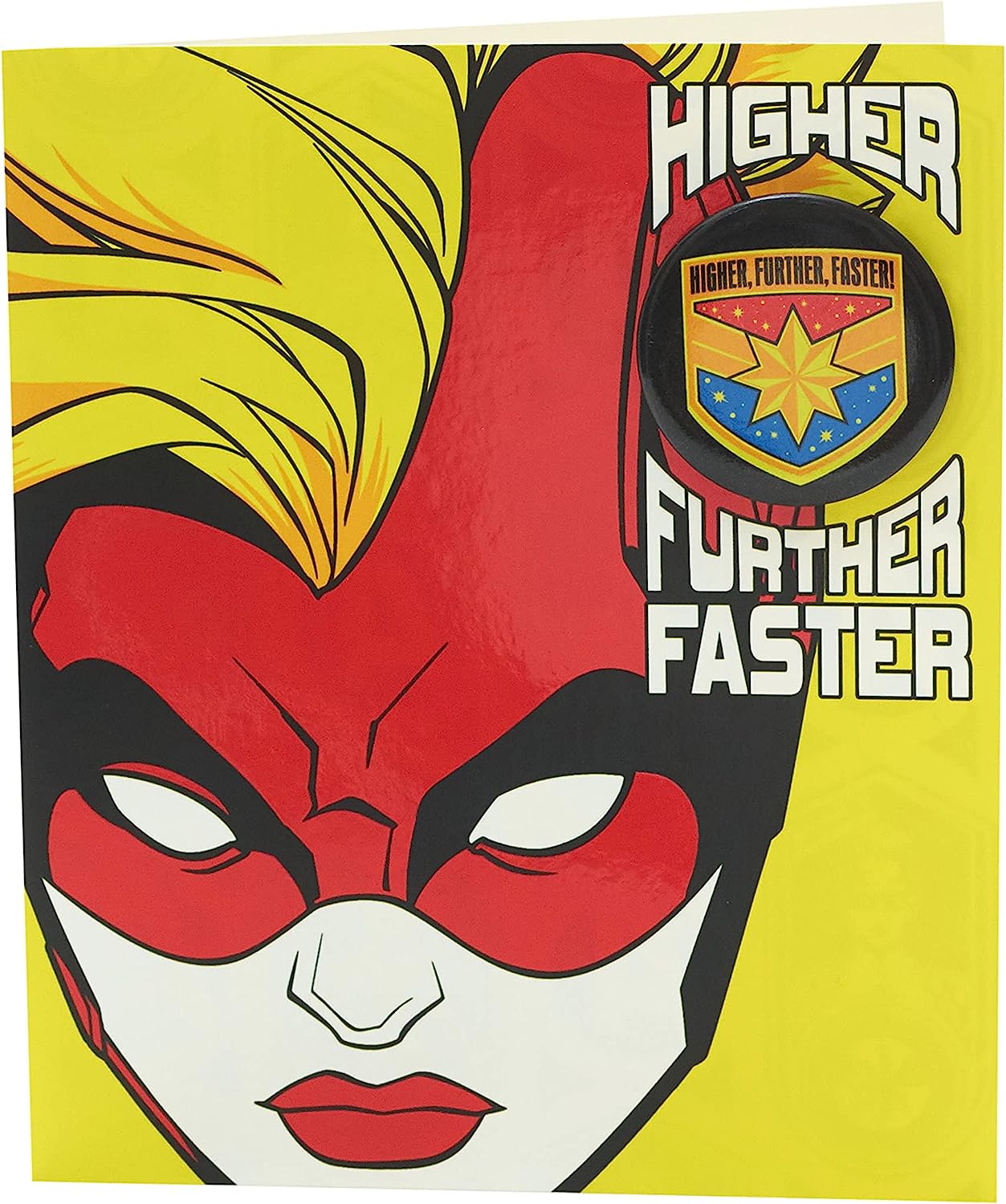 Captain Marvel birthday badge card from UK Greetings featuring a colorful superhero design for celebratory occasions.