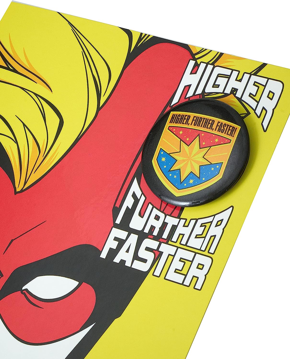Captain Marvel birthday greeting card featuring a colorful badge design, perfect for fans celebrating a special occasion.