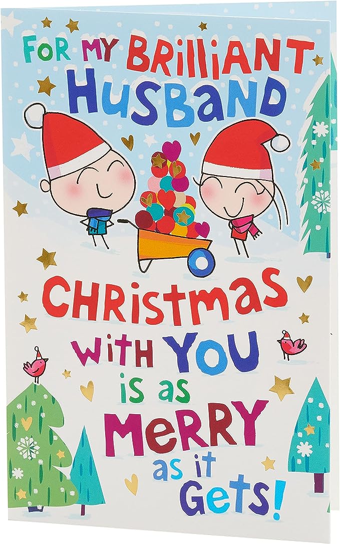 Cartoon couple Christmas greeting card with fun, loving holiday design from UK Greetings featuring festive characters and cheerful artwork.