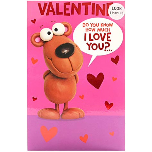Cartoon pop-up Valentine's Day greeting card with colorful heart illustrations and festive design by UK Greetings