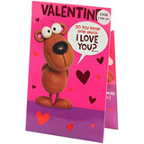 Colorful cartoon pop-up Valentine's Day greeting card by UK Greetings featuring vibrant heart and character illustrations inside.