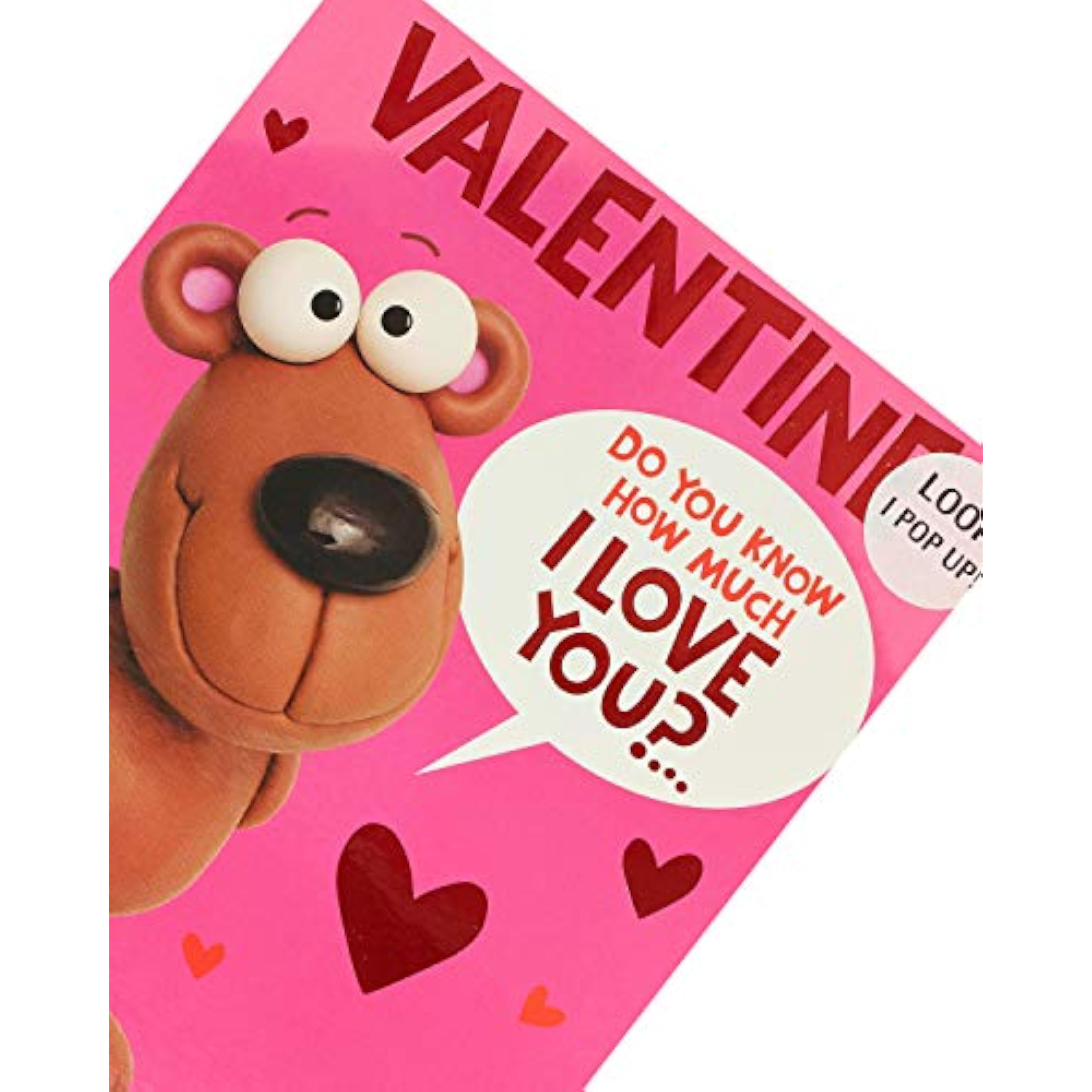 Colorful cartoon pop-up Valentine's Day greeting card with heart designs, from UK Greetings, featuring cheerful illustrations and festive detail.